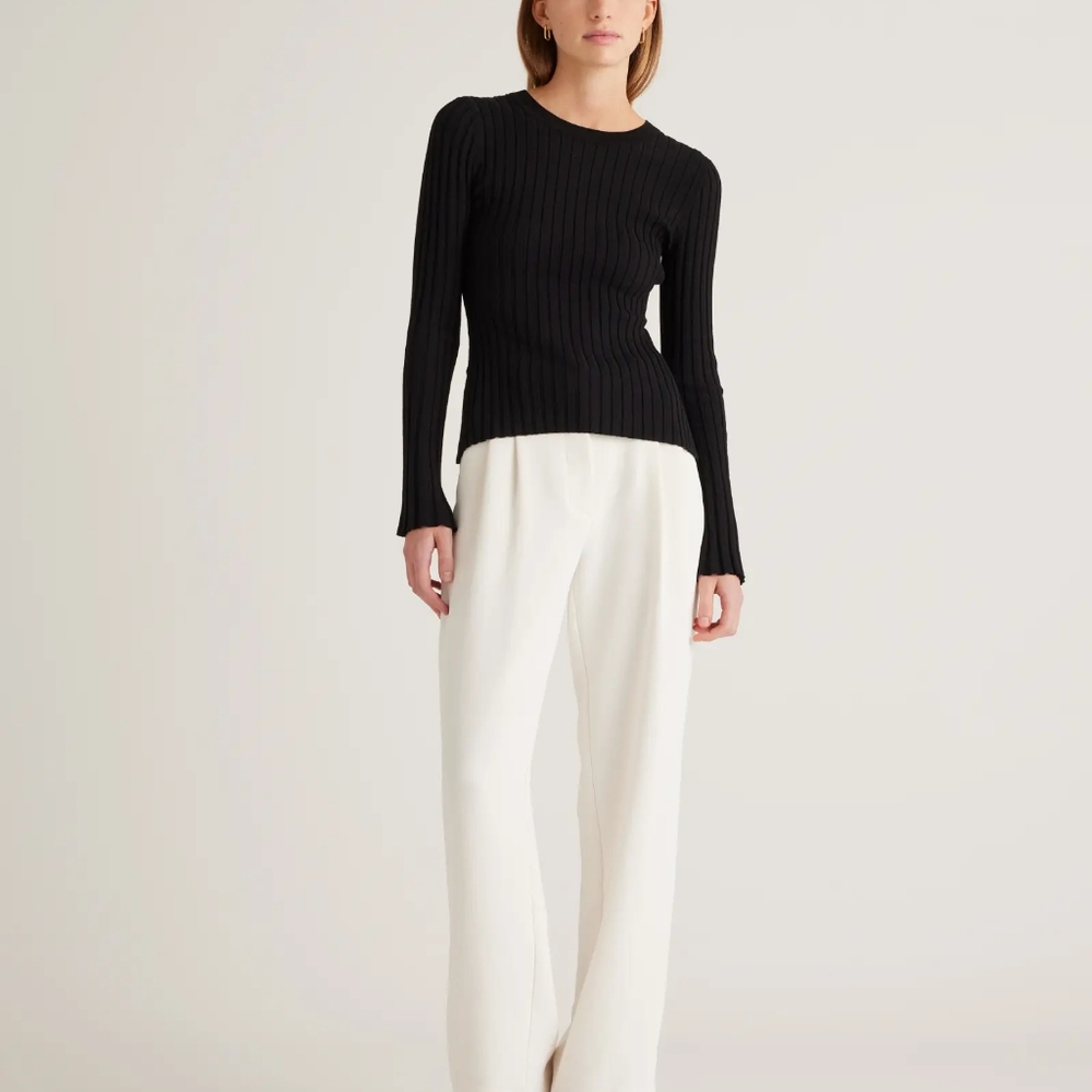 Quince Cotton Cashmere Black Ribbed Long Sleeve Sweater